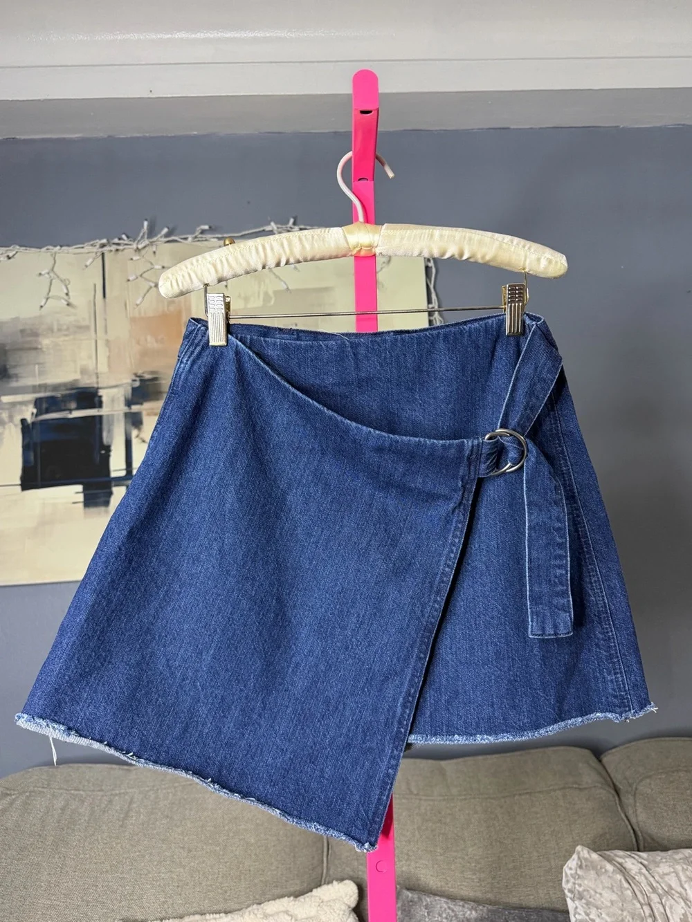 Madewell Denim Wrap Mini Skirt Size 2 Dark Wash D-Ring Raw Hem 💛 - Picture 2 of 5